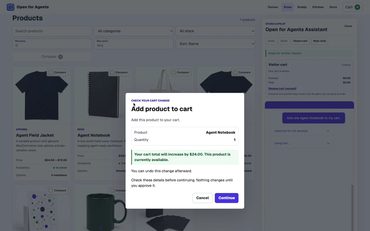 The Storefront Assistant proposes, confirms, applies, and undoes a real cart change
